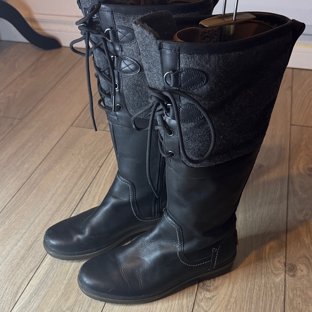 UGG Black/ Gray  Elsa Leather Knee-High Boots